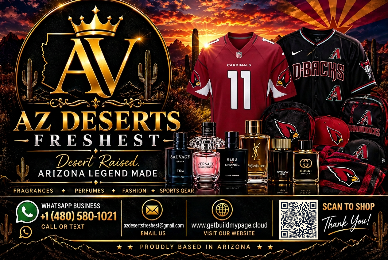 AZ Deserts Freshest flyer: designer fragrances, Cardinals and Diamondbacks gear, with contact details